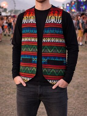 Colorful Woven Tribal Pattern Vest Tie Front Boho Festival Unisex Men Women
